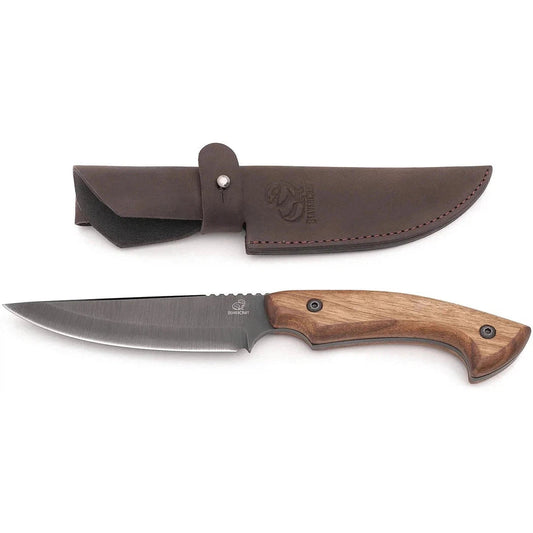 A top-down view of the Beavercraft Hunting Knife with Leather Sheath on a white background.