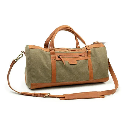 A front view of the Beavercraft Journey - Canvas and Leather Travel Luggage Duffel Bag with brown leather trim and a shoulder strap against a white background.