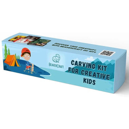 A side view of the Beavercraft Kids Carving Hobby Kit box showing a cartoon boy with a red hat and an orange tent on the front.