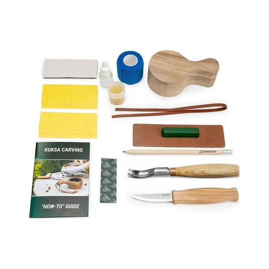 A flat lay photo of the Beavercraft Kuksa Carving Kit shows tools and materials on a white background.