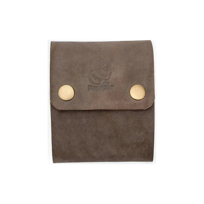 A front view of the Beavercraft Leather & Canvas Bushcraft Foraging Belt Bag Pouch for Camping in Charcoal/Graphite with brass snap closures against a white background.