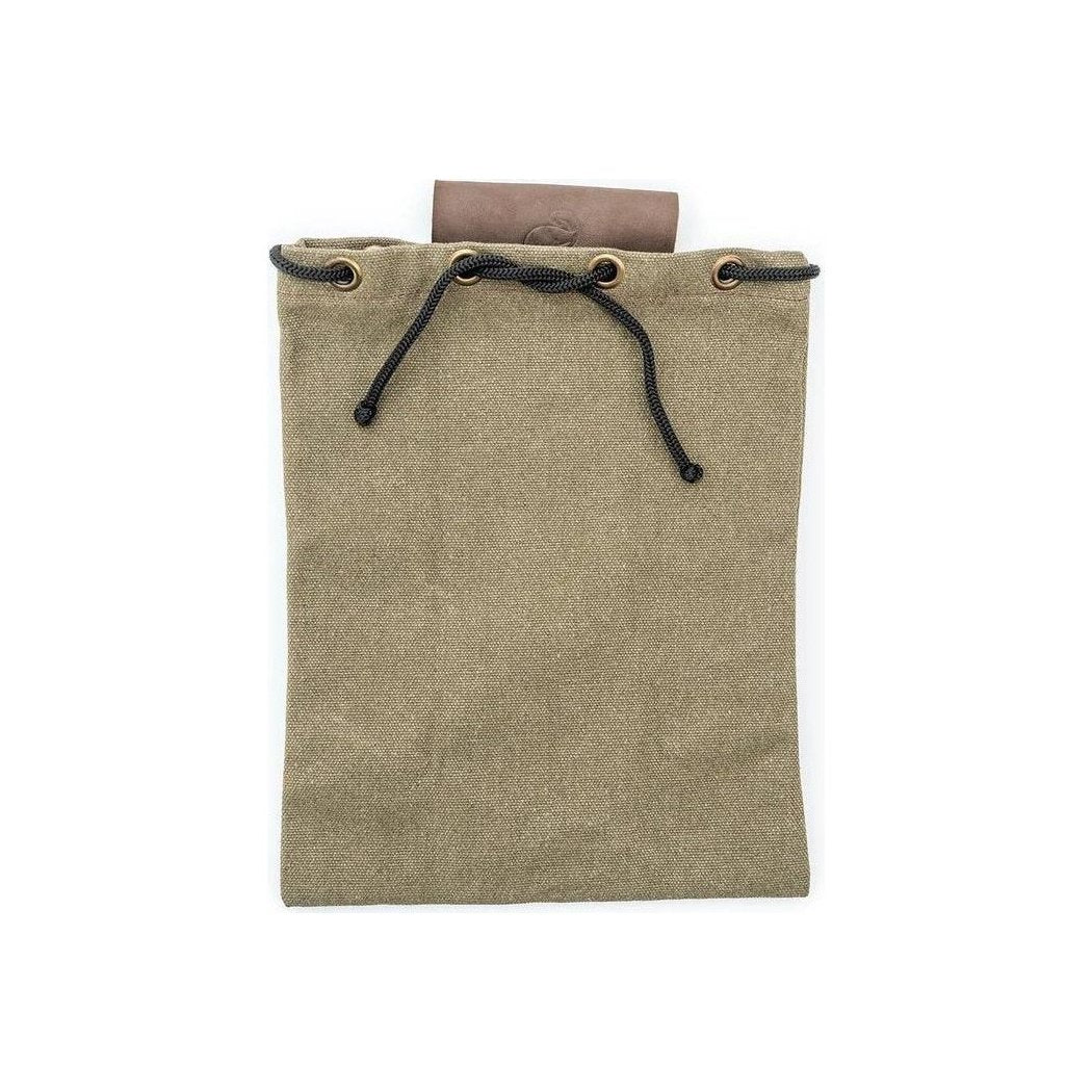 A natural, complete sentence describing the photo: Natural canvas Beavercraft Leather & Canvas Bushcraft Foraging Belt Bag Pouch for Camping with black drawstrings and a brown leather item peeking