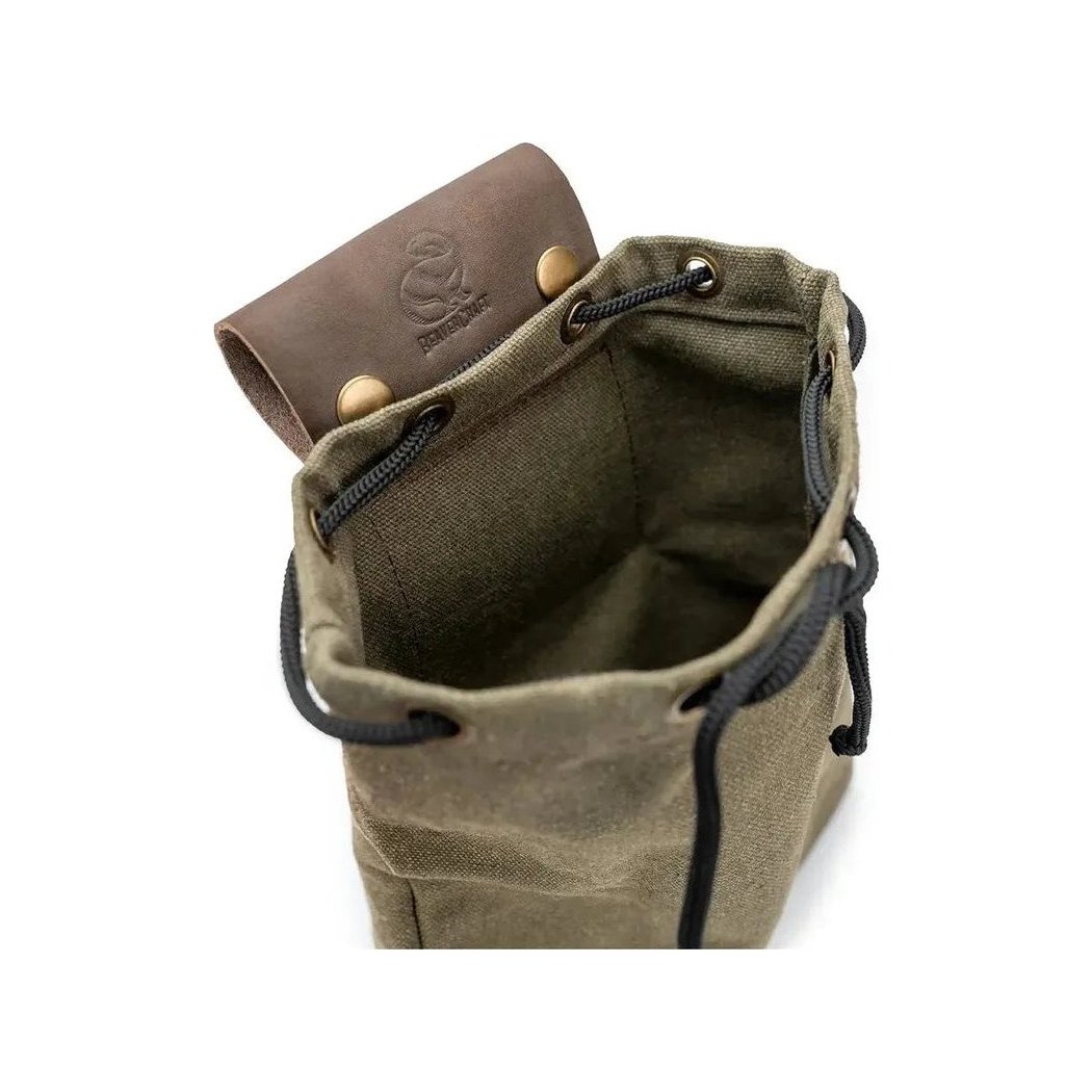 Top-down view of the Beavercraft Leather & Canvas Bushcraft Foraging Belt Bag Pouch for Camping with a brown leather flap and black drawstrings against a white background.