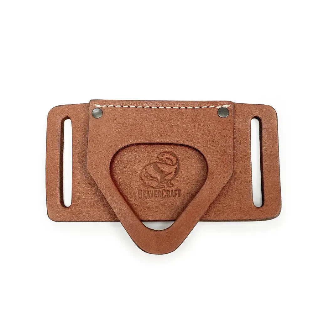 A front view of the Beavercraft Leather Tool Belt Hanger in natural brown with a beaver logo and white stitching against a white background.