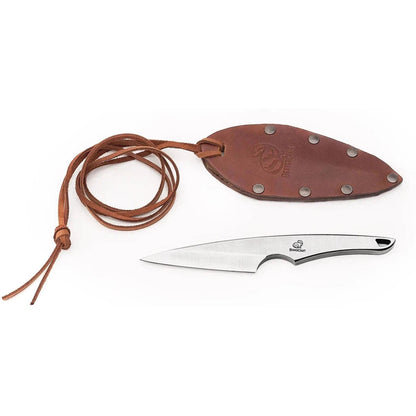 A side view of the Beavercraft Neck knife with its brown leather sheath and lanyard against a white background.