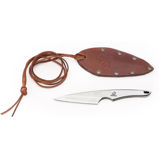 A side view of the Beavercraft Neck knife with its brown leather sheath and lanyard against a white background.