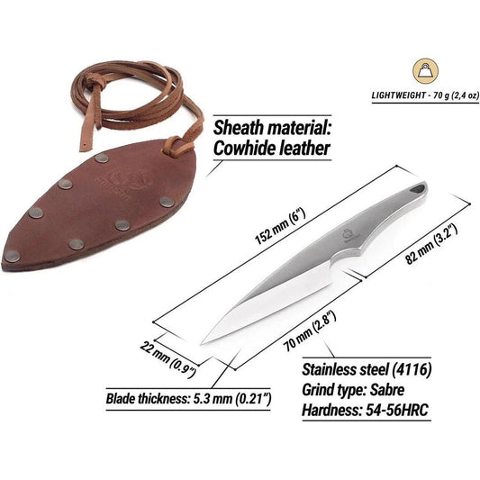 Neck knife photo showing the Beavercraft Neck knife with cowhide sheath, stainless steel blade, and dimensions labeled.