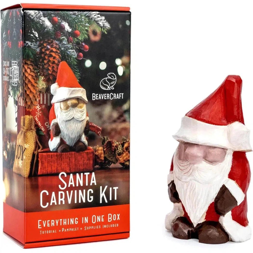 A box for the Beavercraft Santa Carving Hobby Kit sits next to a finished Santa carving, both against a white background.