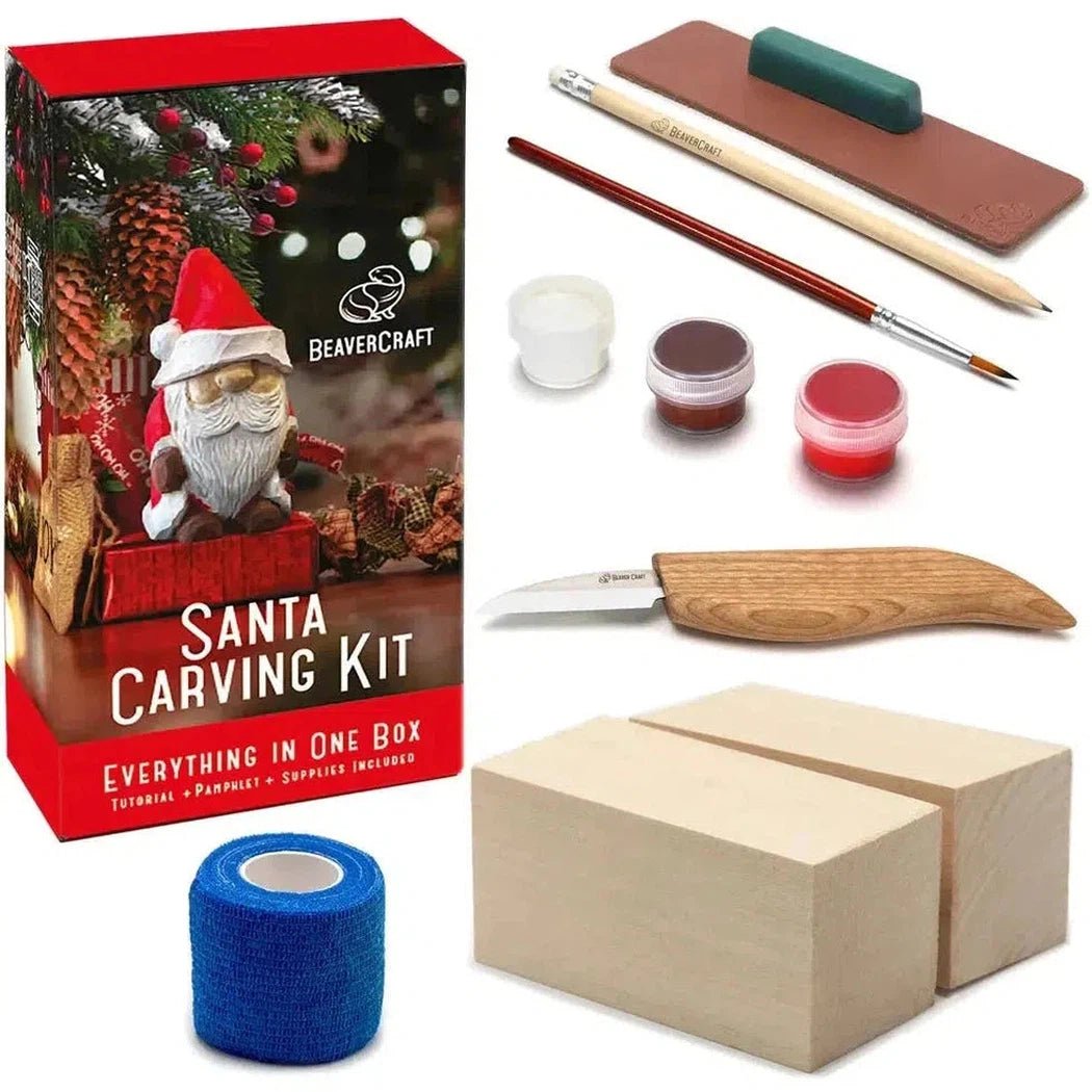 The Beavercraft Santa Carving Hobby Kit includes carving tools, paints, and wood blocks for creating a Santa figure.