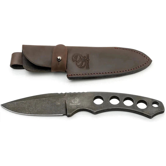 A top-down view of the Beavercraft Skeleton Knife with its dark handle and five finger holes, displayed against a white background.