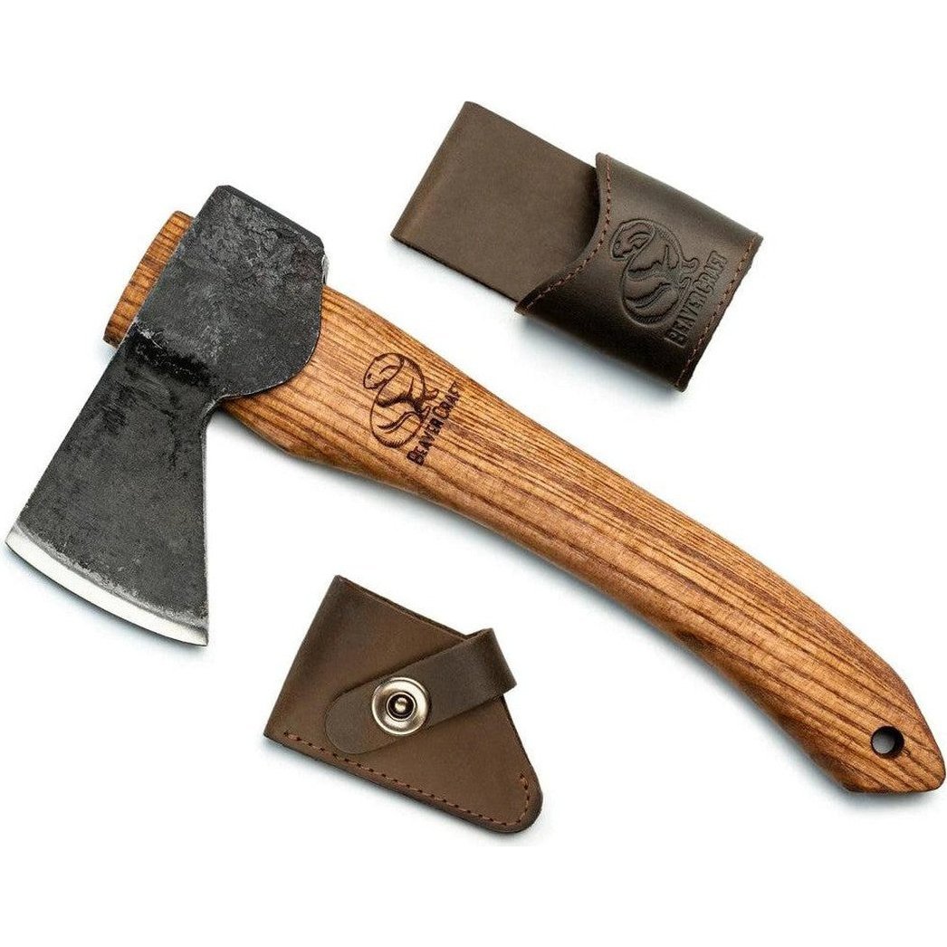 A natural, complete sentence describing the photo: "Top-down view of the Beavercraft Small Carving Axe with Leather Sheath on a white background.