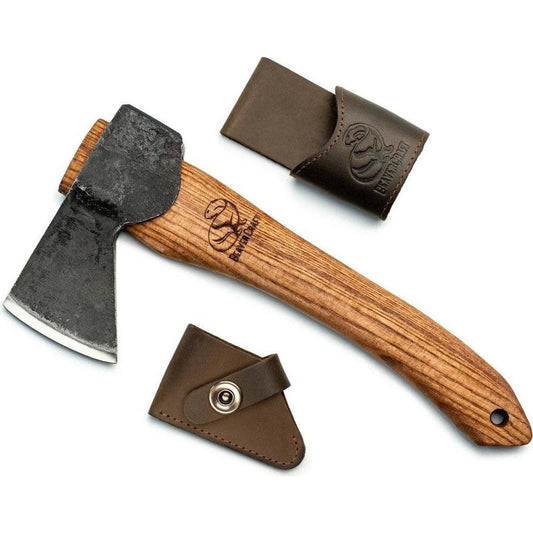 A natural, complete sentence describing the photo: "Top-down view of the Beavercraft Small Carving Axe with Leather Sheath on a white background.