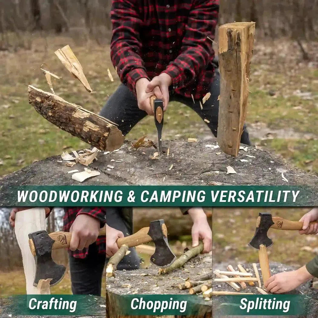 A person in a red plaid shirt uses the Beavercraft Woodcraft Bushcraft Splitting Hatchet to chop wood on a tree stump in a wooded area, with crafting, chopping, and splitting action shown below.