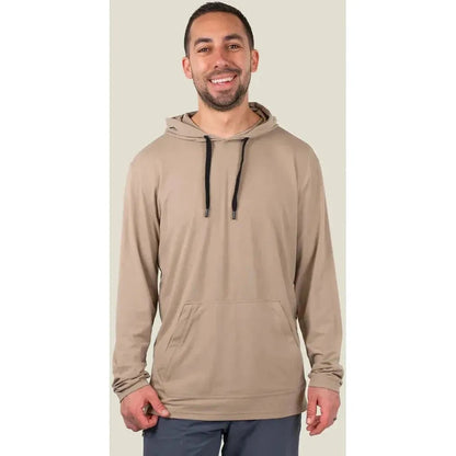 A front view of the Belong Designs Men's Core Traverse Tek Hoodie in Dust color, showing the hood and front pocket on a model against a light background.