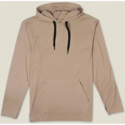 A front view of the Belong Designs Men's Core Traverse Tek Hoodie in Dust showing the front pocket and black drawstrings against a light background.