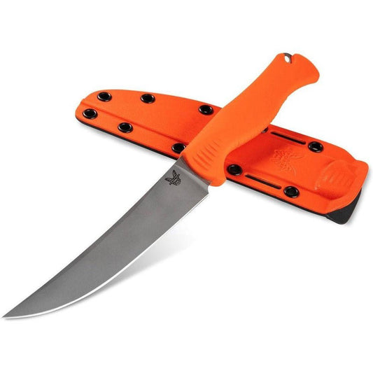 A side view of the orange Benchmade 15500 Meatcrafter knife with its matching sheath on a white background.