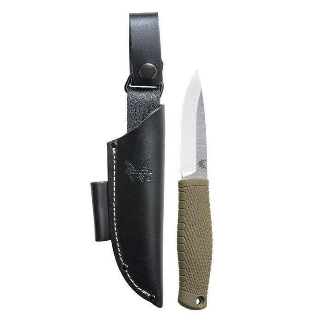 A side view of the Benchmade 200 Puukko knife with a tan handle and black sheath against a white background.