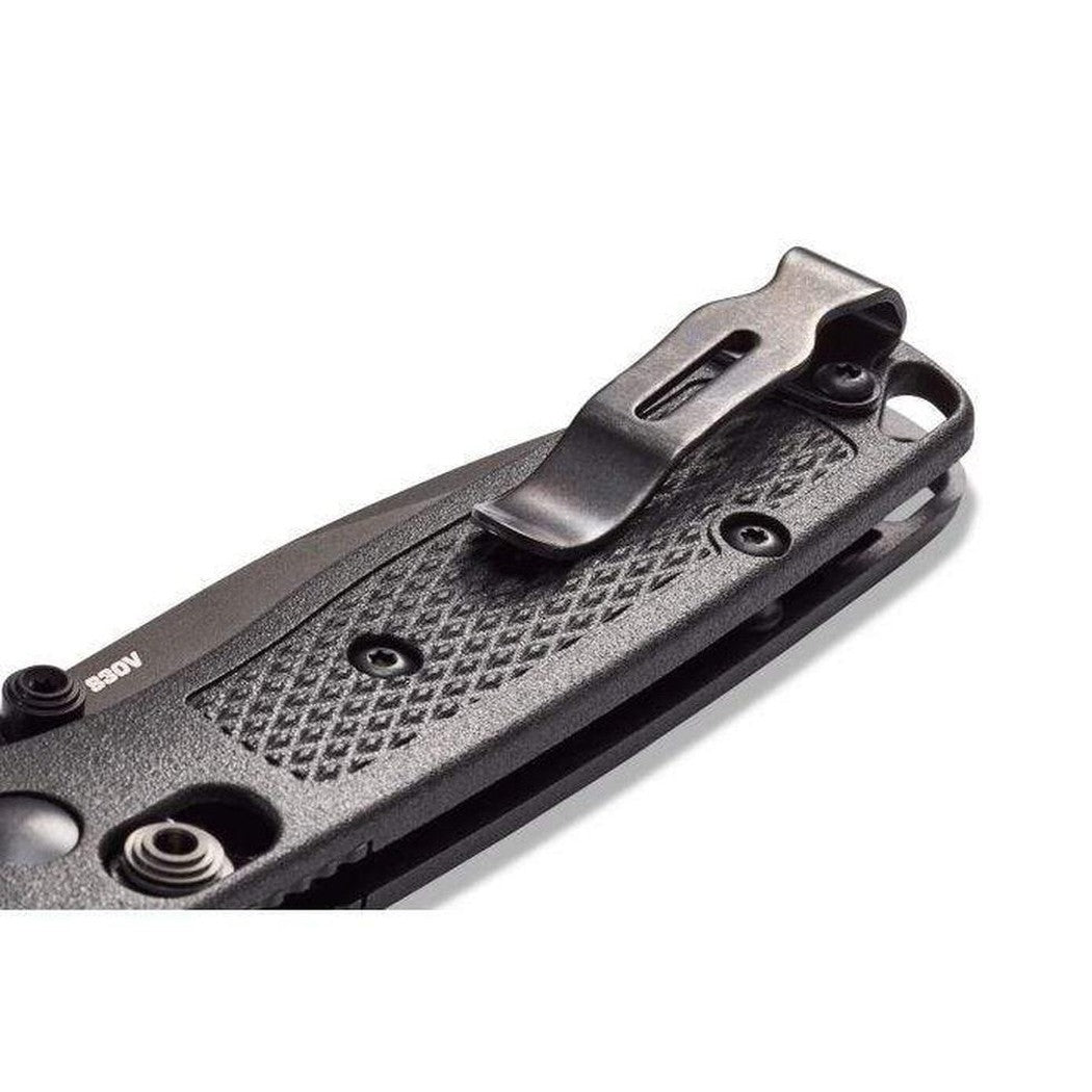 Side view of the Benchmade 533BK-2 Mini Bugout knife showing the clip and textured handle against a white background.