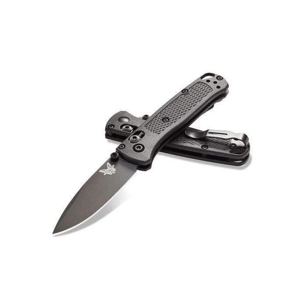 A side view of the Benchmade 533BK-2 Mini Bugout knife with a textured handle and clip, displayed against a white background.