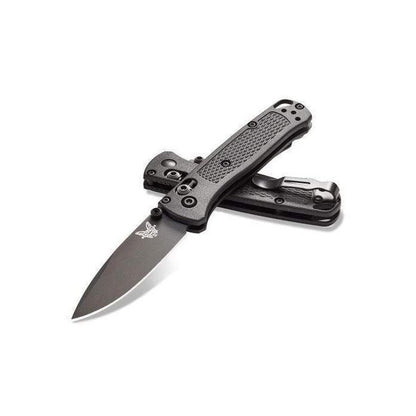 A side view of the Benchmade 533BK-2 Mini Bugout knife with a textured handle and clip, displayed against a white background.