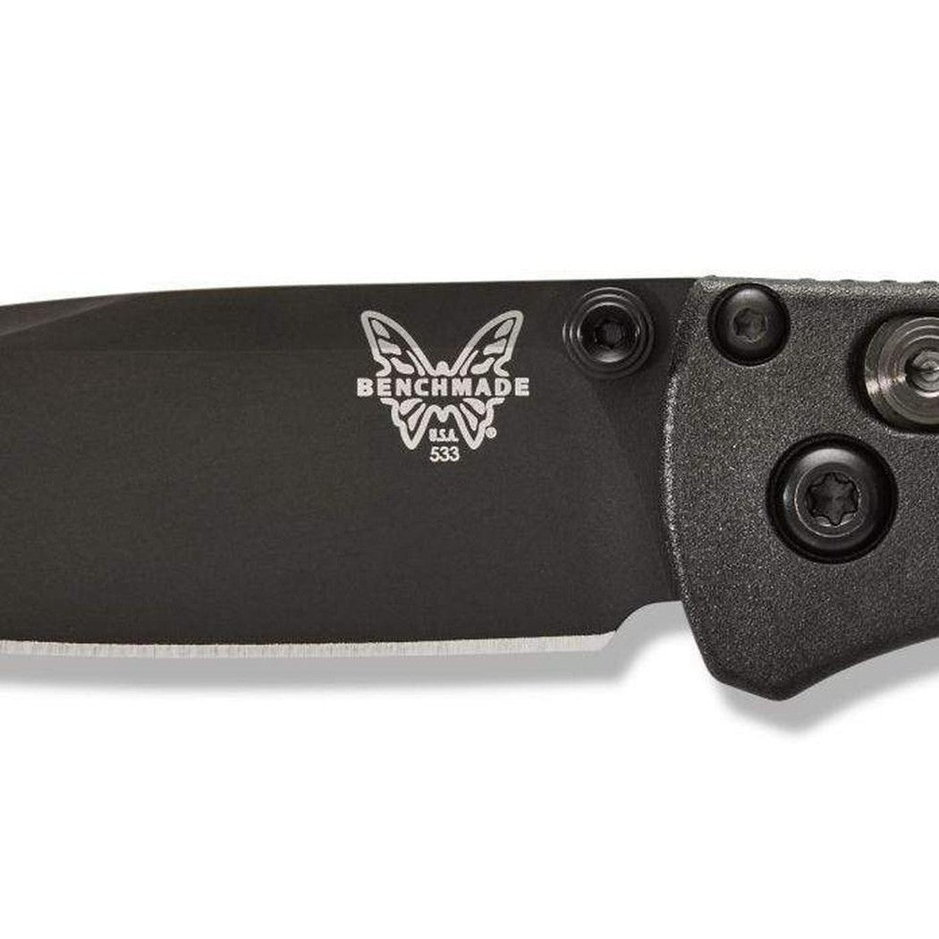 A close-up of the Benchmade 533BK-2 Mini Bugout knife with its black blade and handle, showing the Benchmade logo and model number against a white background.