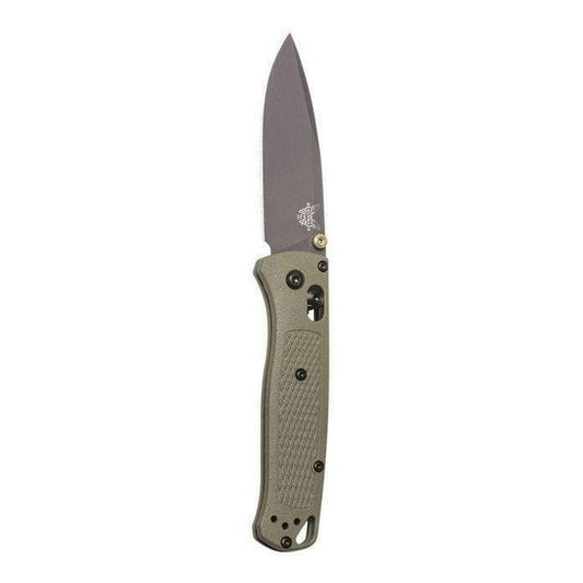 A side view of the Benchmade 535GRY-1 Bugout knife with a charcoal blade and gray handle against a white background.