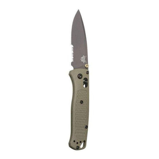 A side view of the Benchmade 535SGRY-1 Bugout knife with a textured handle and serrated blade edge against a white background.