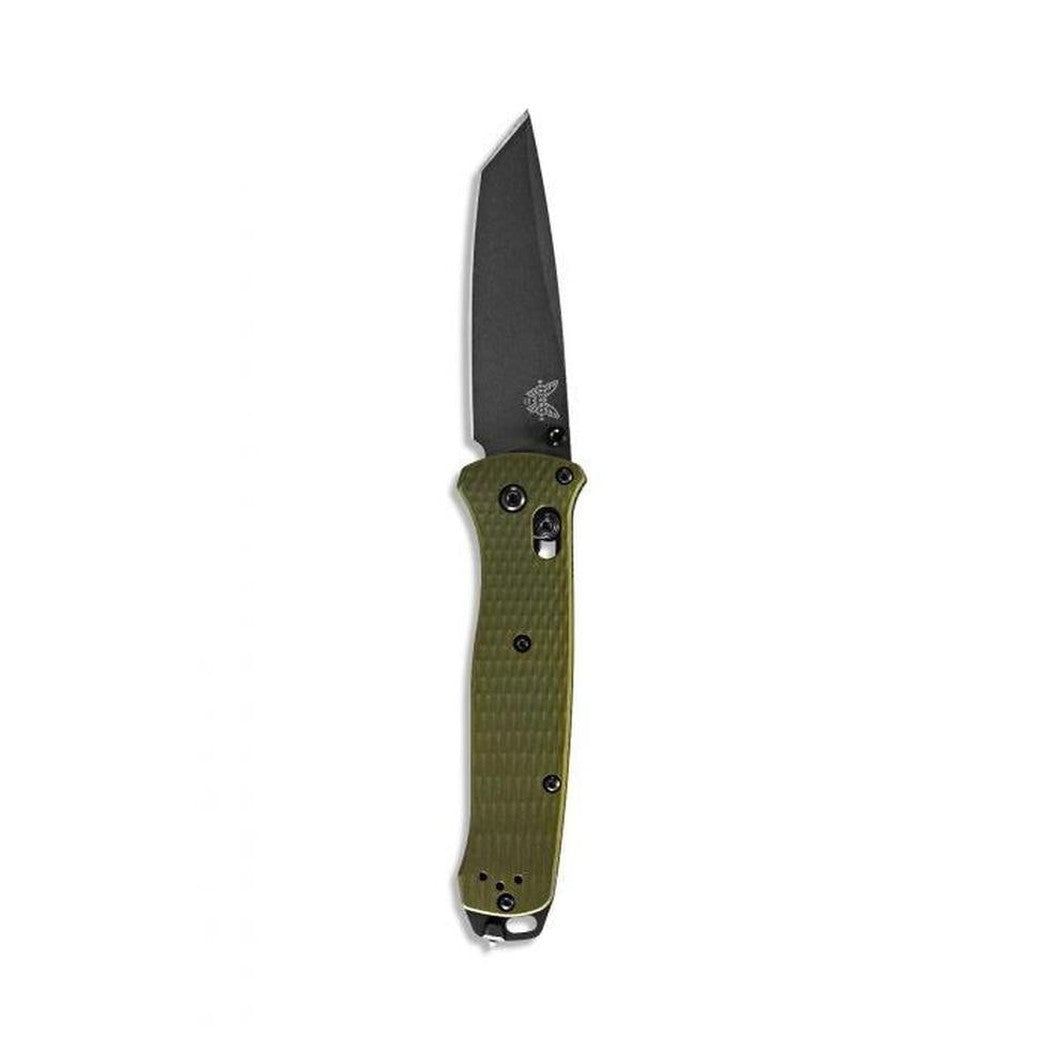A side view of the Benchmade 537GY-1 Bailout knife with an olive green handle and a black blade against a white background.