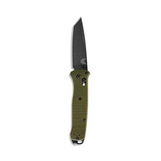 A side view of the Benchmade 537GY-1 Bailout knife with an olive green handle and a black blade against a white background.