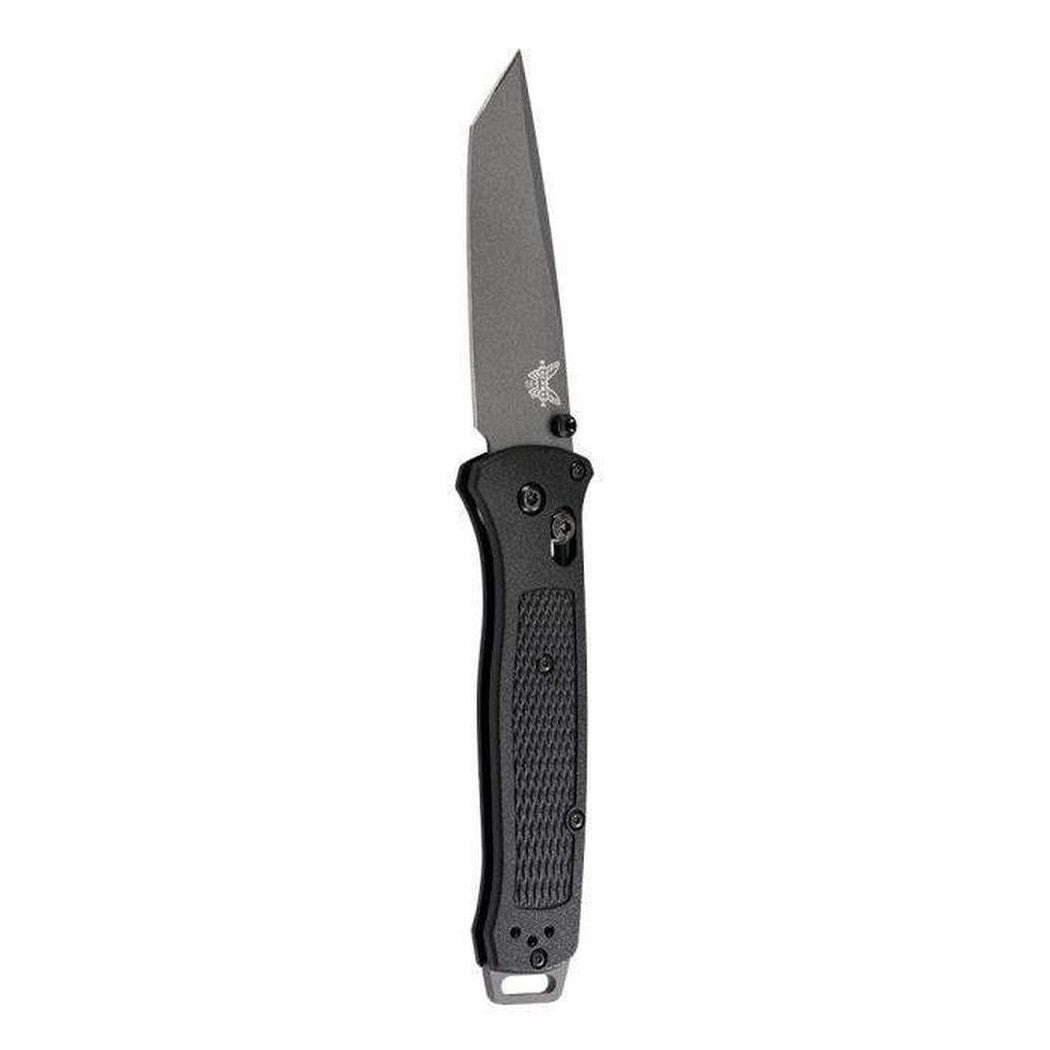 A side view of the Benchmade 537GY Bailout knife with a textured handle and a black blade against a white background.