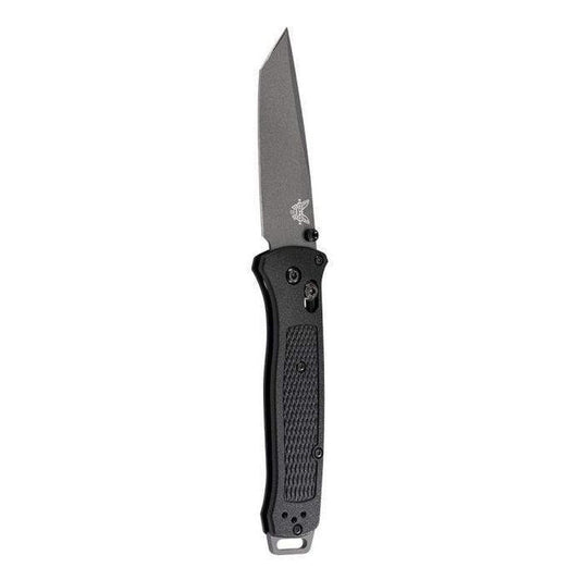 A side view of the Benchmade 537GY Bailout knife with a textured handle and a black blade against a white background.