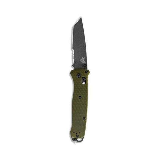 A side view of the Benchmade 537SGY-1 Bailout knife with a green handle and a dark blade against a white background.