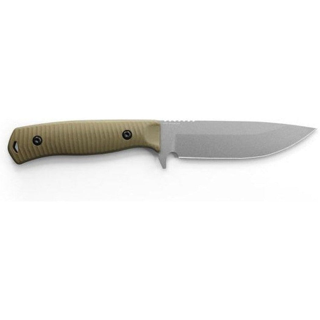 A side view of the Benchmade 539GY Anonimus knife with a tan handle and a charcoal/gray blade against a white background.