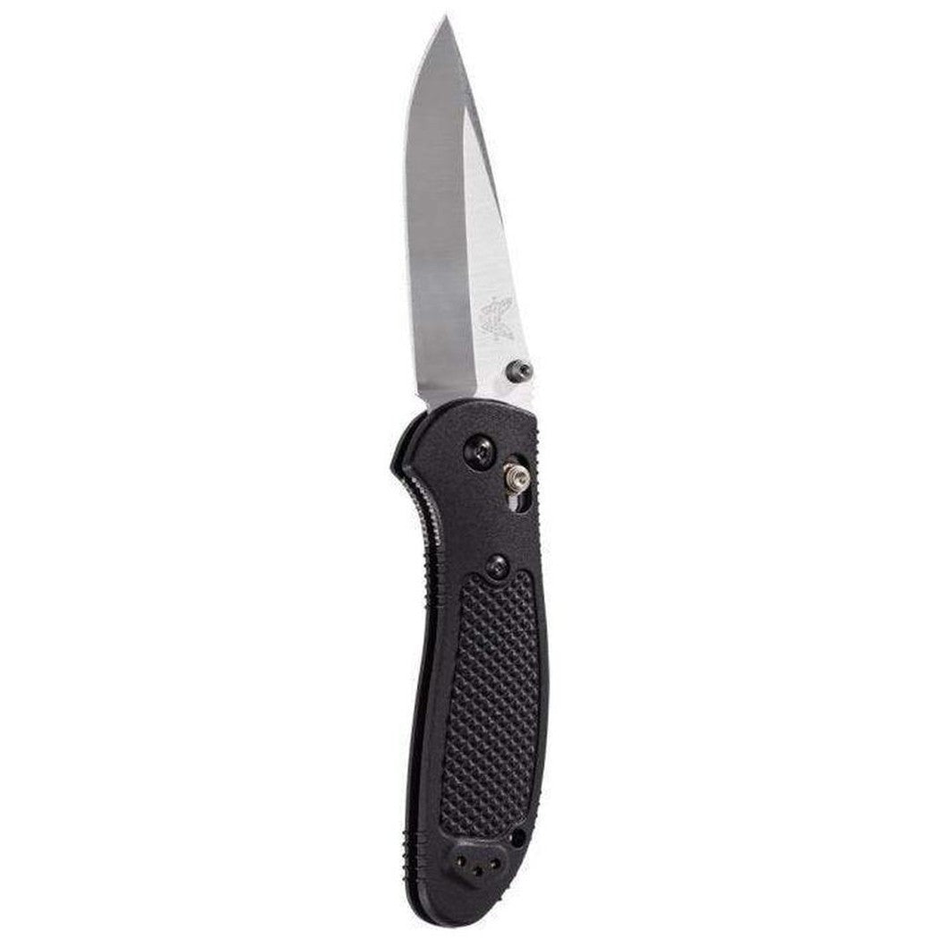A side view of the Benchmade 551-S30V Griptillian knife with a textured black handle and a sharp blade against a white background.