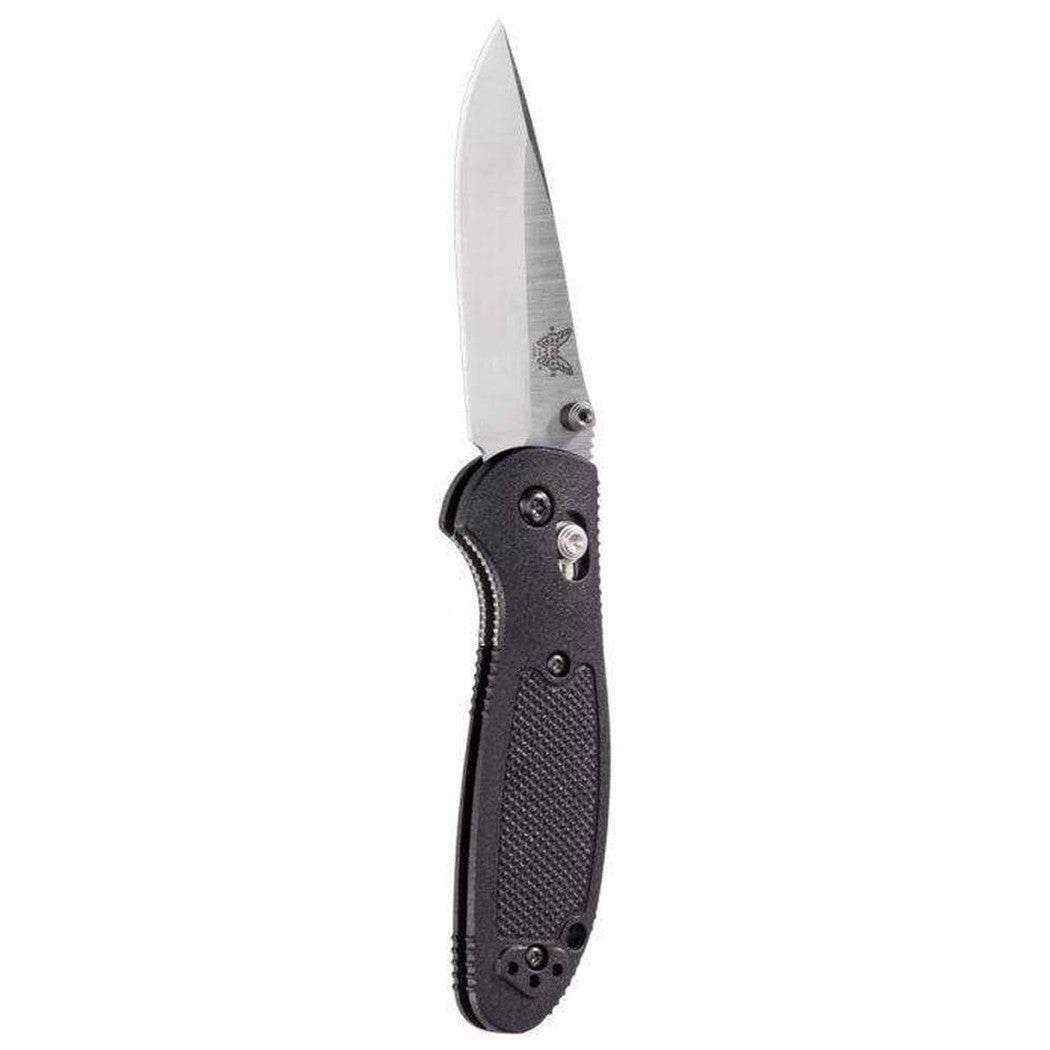 A side view of the Benchmade 556-S30V Mini Griptillian knife with a textured black handle and a silver blade against a white background.