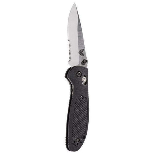 A side view of the Benchmade 556S-S30V Mini Griptillian with a black handle and stainless steel blade against a white background.