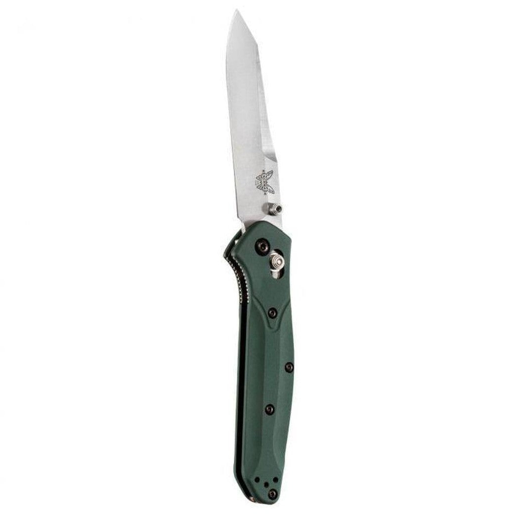 A side view of the Benchmade 940 Osborne knife with a green handle and a white background.