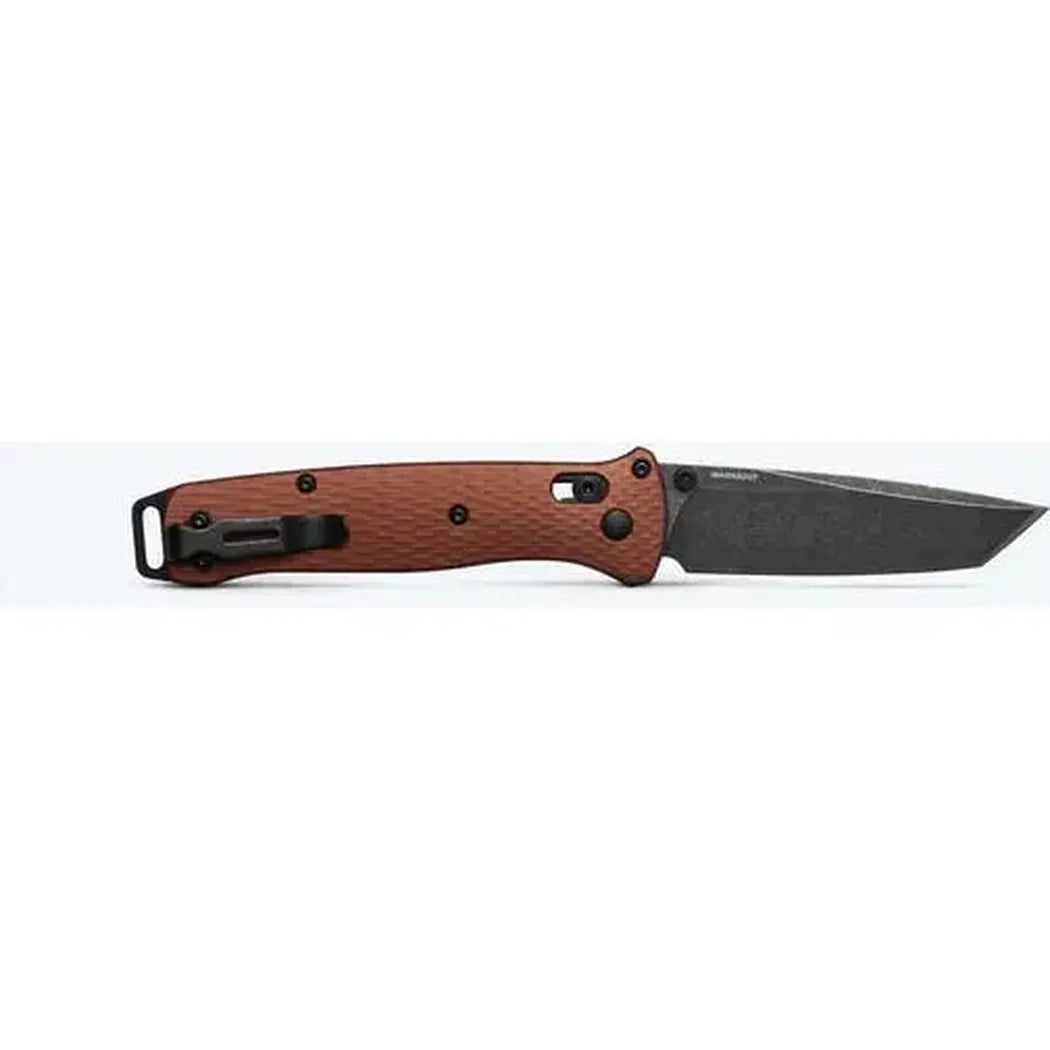 A side view of the Benchmade Bailout knife with a brown handle and black blade against a white background.