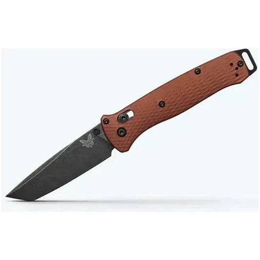 A side view of the Benchmade Bailout knife with a brown handle and charcoal blade against a white background.