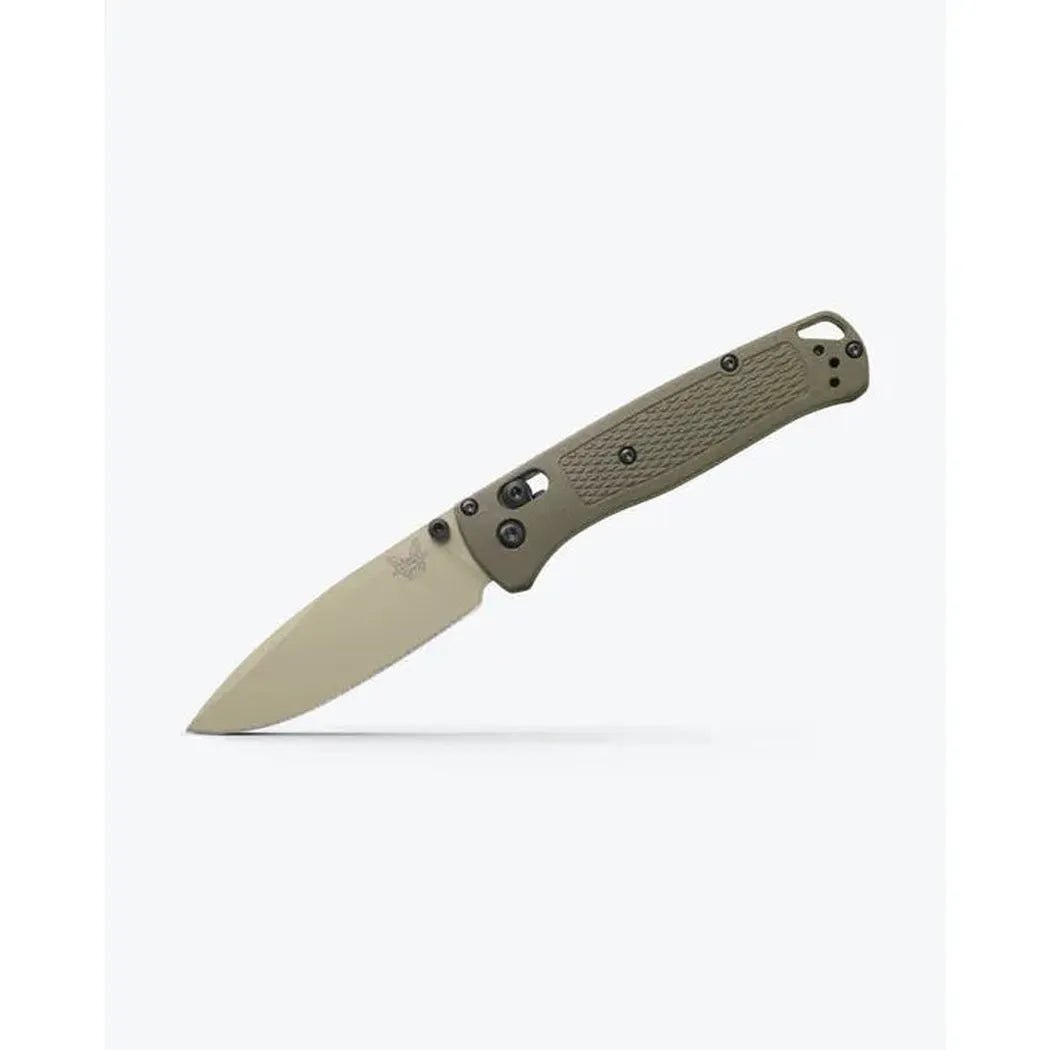 A side view of the Benchmade Bugout knife with its textured handle and clip visible against a plain white background.