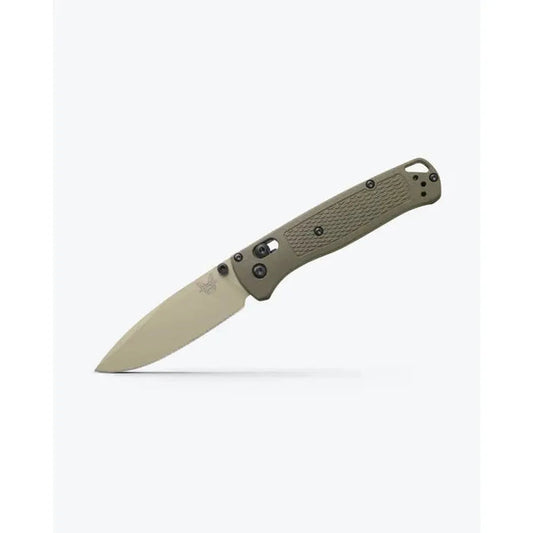 A side view of the Benchmade Bugout knife with its textured handle and clip visible against a plain white background.