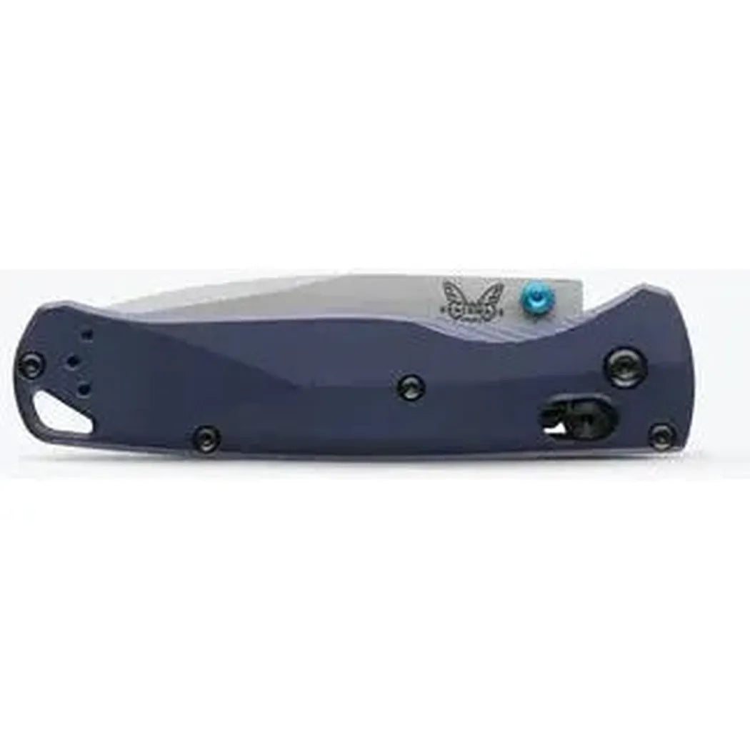 Side view of the Benchmade Bugout knife with a blue handle and a white blade against a white background.