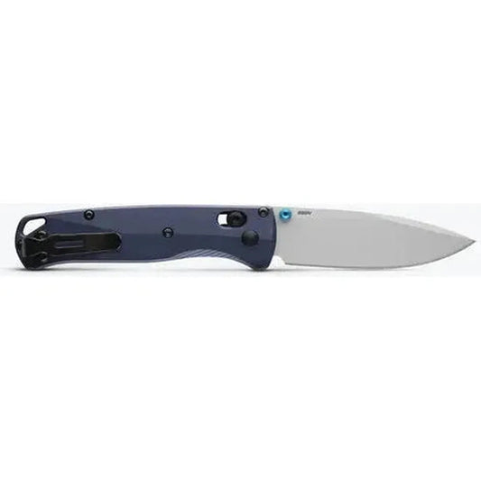 A side view of the Benchmade Bugout knife with a charcoal/gray handle and a silver blade against a white background.