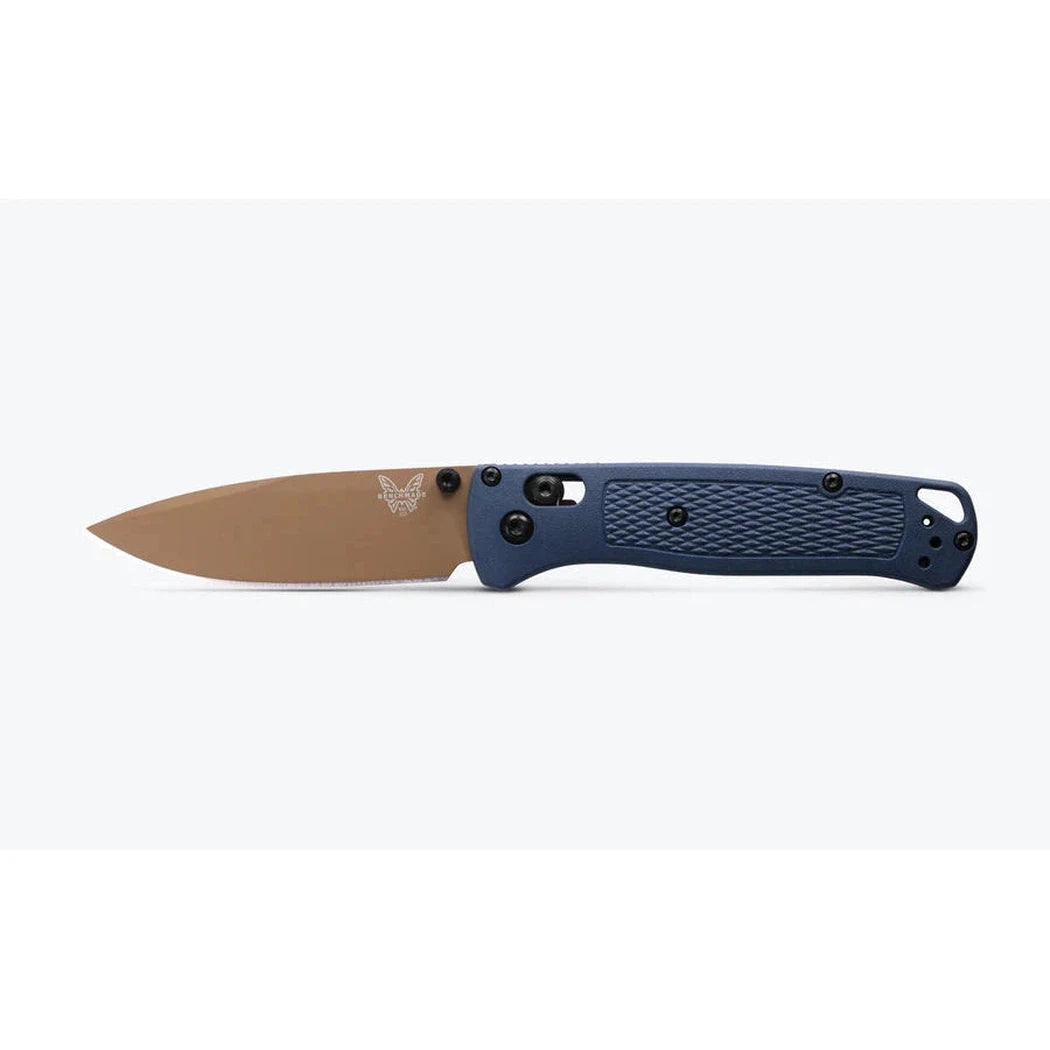 A side view of the Benchmade Bugout knife with blue handle and tan blade against a white background.
