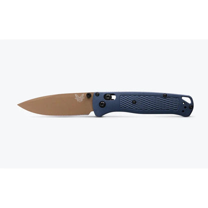 A side view of the Benchmade Bugout knife with blue handle and tan blade against a white background.