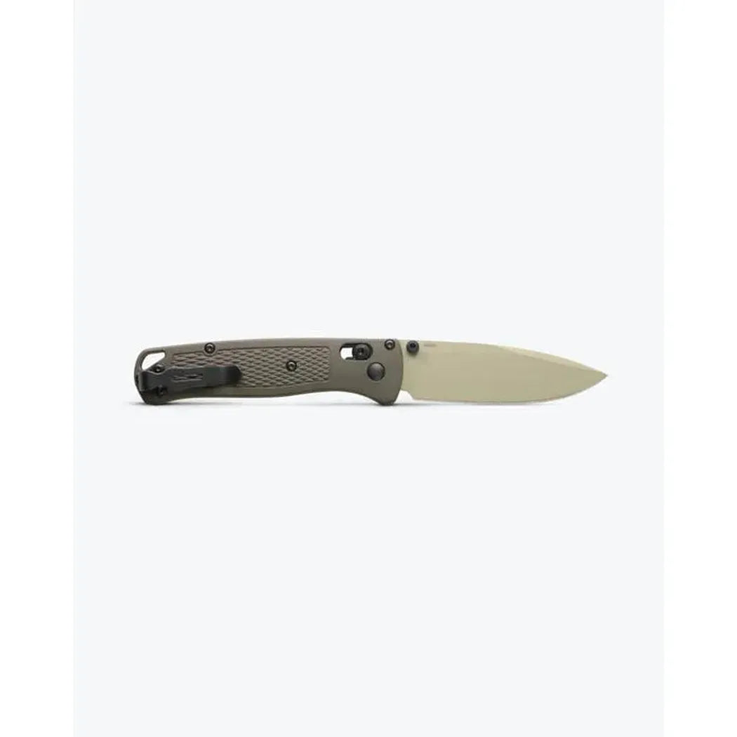 A side view of the Benchmade Bugout knife with a charcoal/gray handle and light-colored blade against a plain white background.