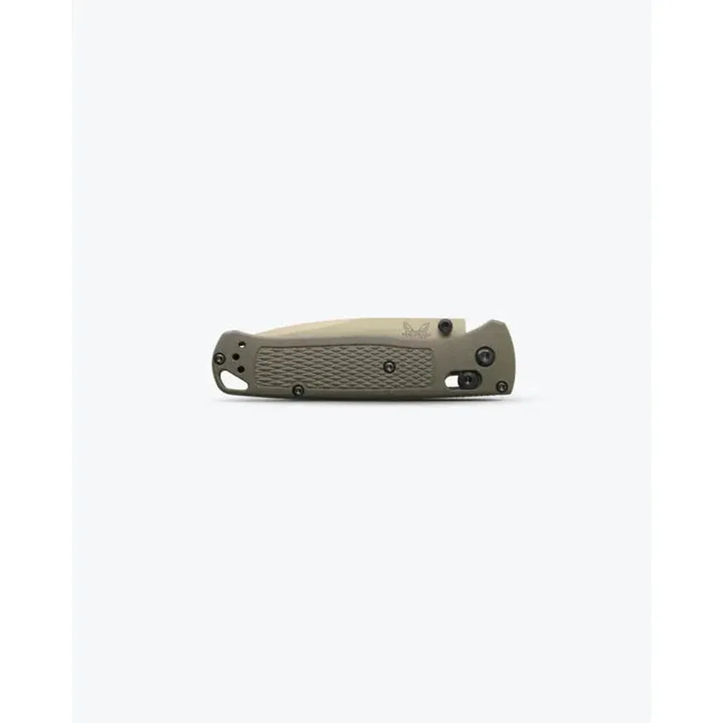 Side view of the Benchmade Bugout knife with textured grip and pocket clip against a plain white background.