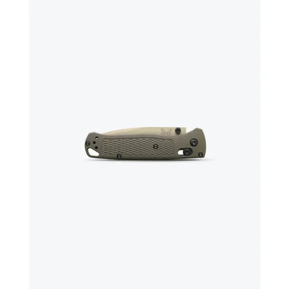 Side view of the Benchmade Bugout knife with textured grip and pocket clip against a plain white background.