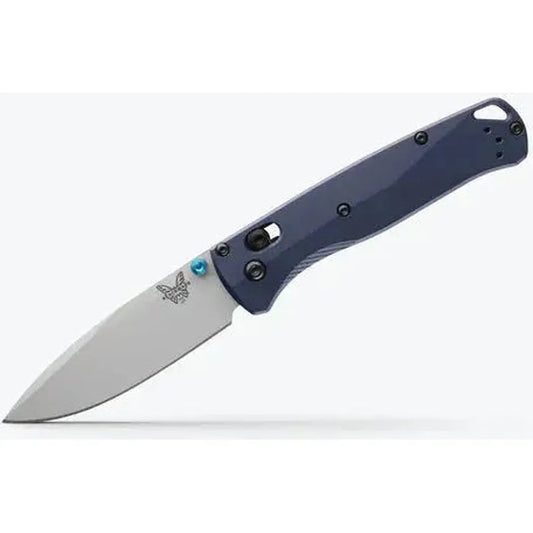 A side view of the Benchmade Bugout knife with a blue handle and a white blade against a plain white background.