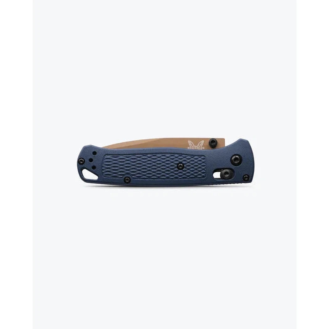 Side view of the Benchmade Bugout knife with a textured handle and a tan blade against a white background.